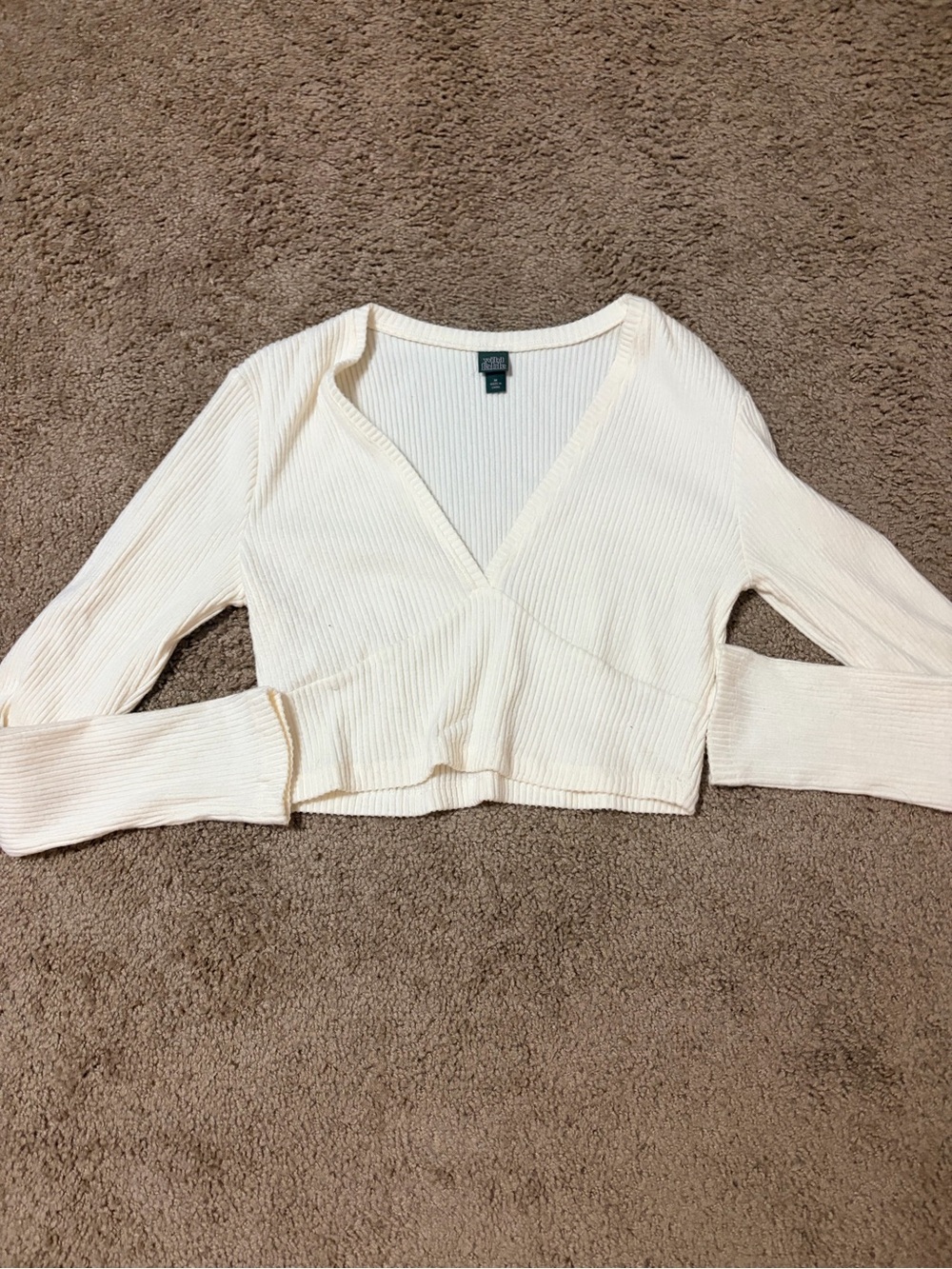 wild fable Cream Ribbed V-Neck Cropped Long-Sleeve Top